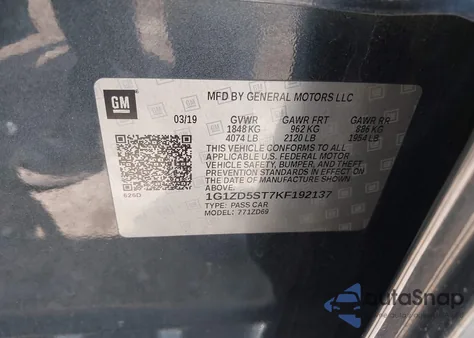 2019 Chevrolet Malibu Lt из США, поврежденный, VIN 1G1ZD5ST7KF192137